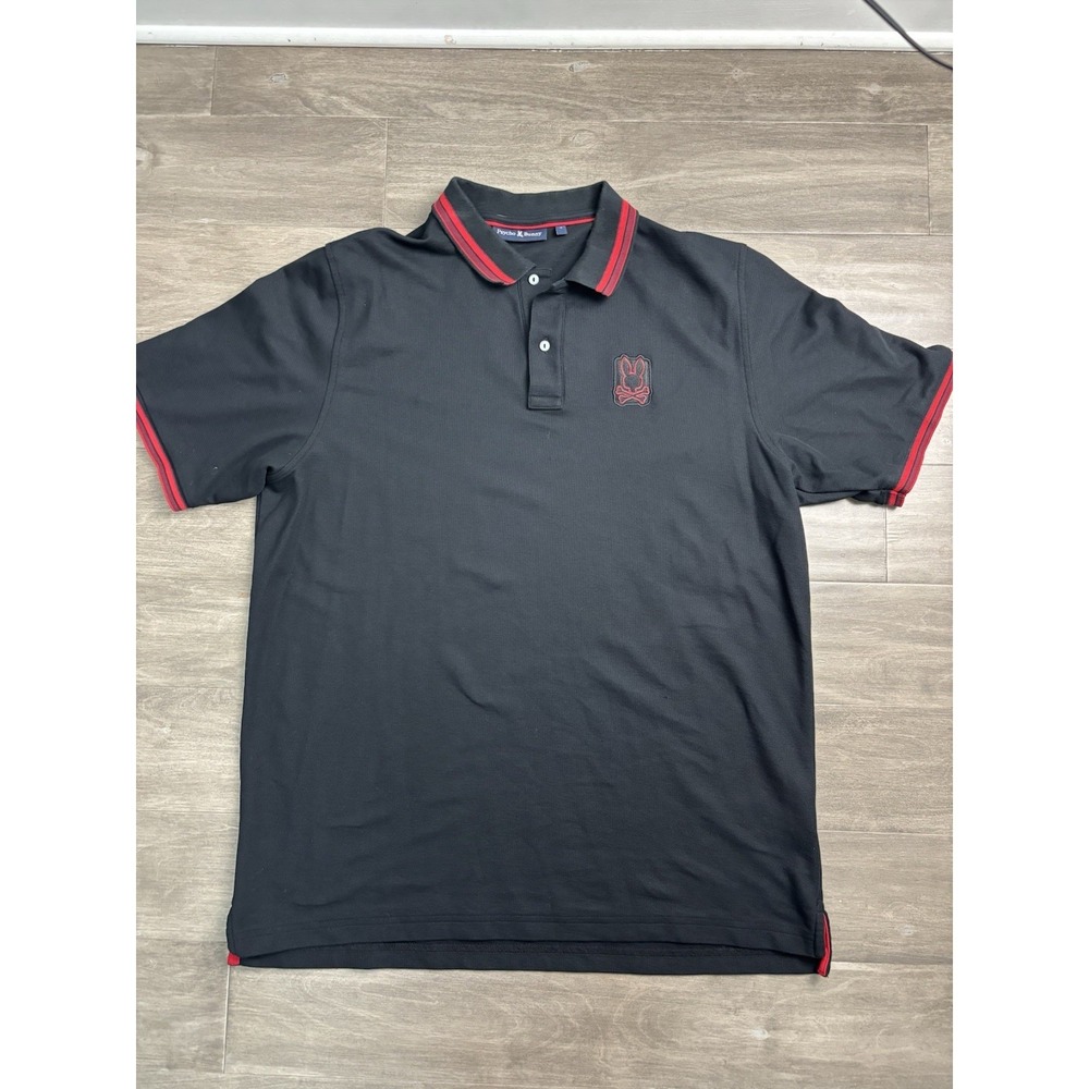 Psycho Bunny Polo Shirt Pima Cotton Mens Size 8 Black Red Trim Pique Logo